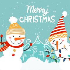 Merry Christmas and Happy New Year winter holidays greeting card with snowmans. Vector illustration