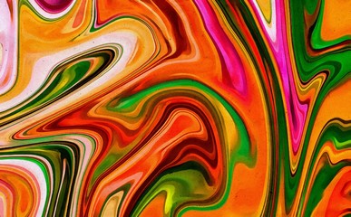 Abstract marble acrylic background. Watercolor swirl texture. Psychedelic vortex crazy art. Unusual waves design pattern. Warm and very bright colors.
