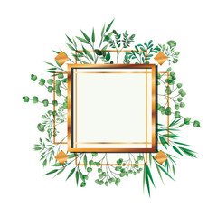 golden frame square with foliage isolated icon