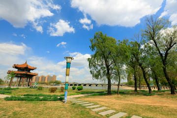 Fototapeta premium Pavilions and green trees in the park