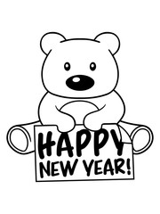 neujahr happy new year party feiern grüße grußkarte glückwunsch neujahr teddy bär klein süß niedlich kuscheltier grizzly schild sitzend bärchen zeigen comic cartoon clipart design