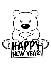 neujahr happy new year party feiern gr&uuml;&szlig;e gru&szlig;karte gl&uuml;ckwunsch neujahr teddy b&auml;r klein s&uuml;&szlig; niedlich kuscheltier grizzly schild sitzend b&auml;rchen zeigen comic cartoon clipart design