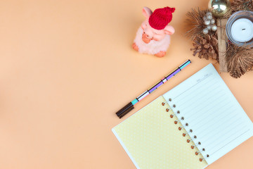 Notepad for text on a pastel color table with a copy. The concept of education and office.