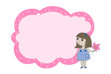 Frame for text with a cartoon girl. Children's frame for text. Banner for children's clothing store. Banner template for kids. Cartoon print.