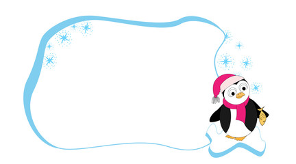 Frame for text with a cartoon penguin on an ice floe. Childrens frame for text. Vector baby frame for your text. School frame for text. Cartoon print.