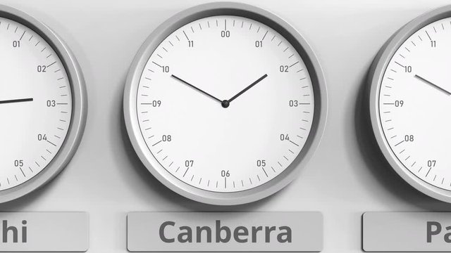 Clock shows Canberra, Australia time among different timezones. 3D animation