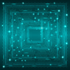 Blue technological background with square elements of a stylized microcircuit. Vector illustration.