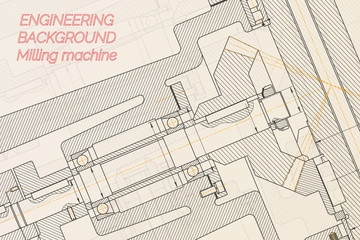 Mechanical engineering drawings on light background. Milling machine spindle. Technical Design. Cover.