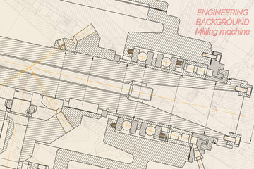 Mechanical engineering drawings on light background. Milling machine spindle. Technical Design. Cover.