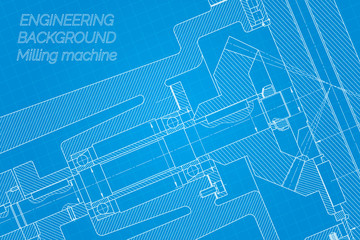 Mechanical engineering drawings on blue background. Milling machine spindle. Technical Design. Cover. Blueprint.