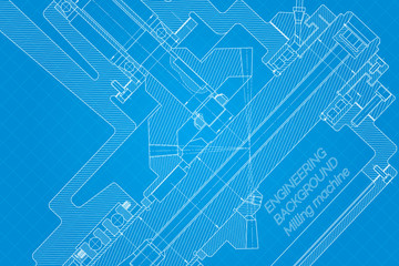 Mechanical engineering drawings on blue background. Milling machine spindle. Technical Design. Cover. Blueprint.
