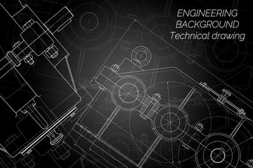 Mechanical engineering drawings on black background. Reducer. Technical Design. Cover. Blueprint. Vector illustration.