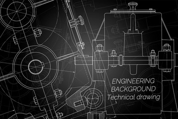Mechanical engineering drawings on black background. Reducer. Technical Design. Cover. Blueprint. Vector illustration.