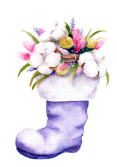 watercolor drawing christmas bouquet in a boot