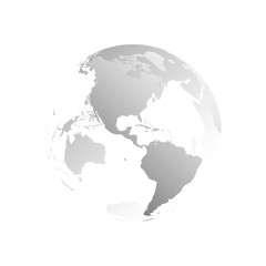 Naklejka premium 3D planet Earth globe. Transparent sphere with grey land silhouettes. Focused on Americas.