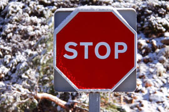 Se&ntilde;al de STOP congelada en la nieve