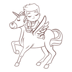 Boy on unicorn cartoon in black and white