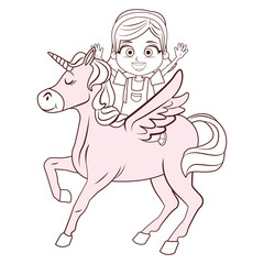 Girl on unicorn cartoon in black and white