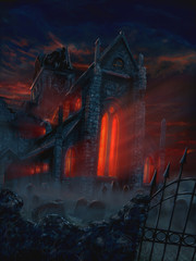 Digital fantasy painting or illustration of terrifying and mysterious church and graveyard. Red evil light is coming from church windows. Frightening Halloween scene. © Zdenek Sasek