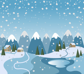 Fototapeta na wymiar Winter Landscape, Snow Mountains, Ski Village, Fir Trees Forest, Hills. Snowfall vector scene. 
