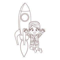 astronaut girl jumping rocket black and white