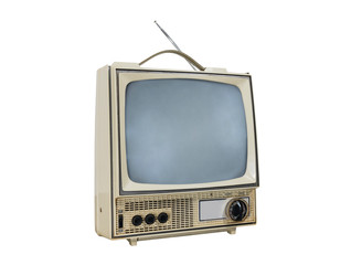 Dirty vintage portable television isolated on white with turned off screen.