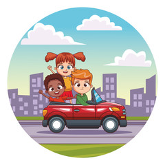 Obraz na płótnie Canvas three smiling kids driving car