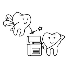 cartoon dental care teeth black and white