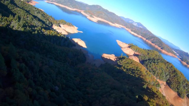 High Speed Helicopter POV Flyover Forest Lake Shasta Reveal