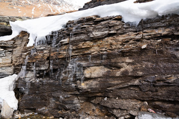Close up icy rocks in Rohtang Pass north India at 4000 meters high