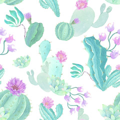 seamless watercolor background mix colorful floral flower and cactus with line art used for background texture, wrapping paper, textile or wallpaper design