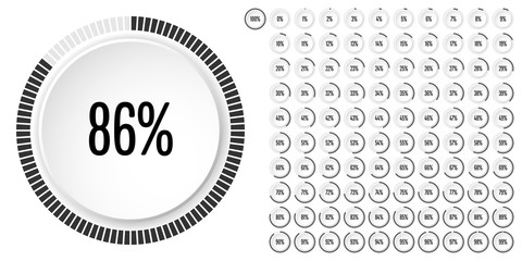 Set of circle percentage diagrams (meters) from 0 to 100 ready-to-use for web design, user interface (UI) or infographic - indicator with black