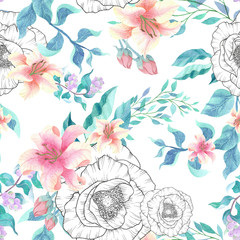 seamless watercolor background mix colorful floral flower and leaves with line art used for...