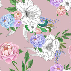 seamless watercolor background mix colorful floral flower and leaves with line art used for...