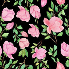 seamless watercolor background pink floral flower and leaves  used for background texture, wrapping paper, textile or wallpaper design