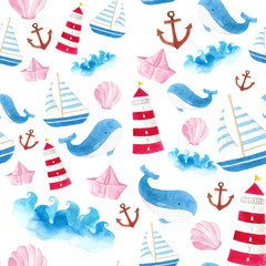 seamless watercolor hand draw background mix sea elements sea wave sailboat  Whale lighthouse...
