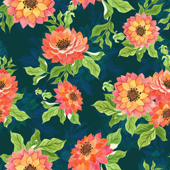 seamless watercolor background mix colorful floral flower and leaves with line art used for...