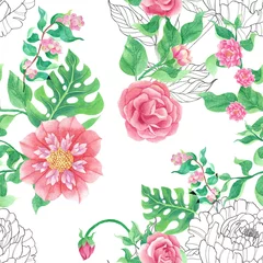 Tuinposter seamless watercolor background mix colorful floral flower and leaves with line art used for background texture, wrapping paper, textile or wallpaper design © borphloy