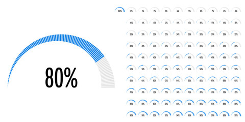 Set of semicircle percentage diagrams (meters) from 0 to 100 ready-to-use for web design, user interface (UI) or infographic - indicator with blue