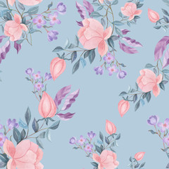 seamless watercolor background mix colorful floral flower and leaves with line art used for background texture, wrapping paper, textile or wallpaper design