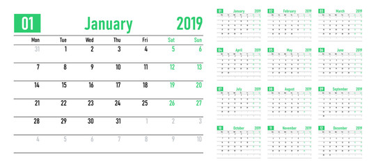 Calendar planner 2019 template vector illustration all 12 months week starts on Monday and indicate weekends on Saturday and Sunday