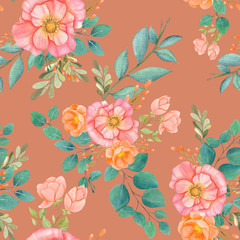 Obraz premium seamless watercolor background mix colorful floral flower and leaves with line art used for background texture, wrapping paper, textile or wallpaper design