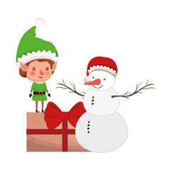 elf with gift box and snowman
