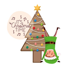 elf with christmas tree on wood