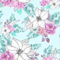 Plakat seamless watercolor background mix colorful floral flower and leaves with line art used for background texture, wrapping paper, textile or wallpaper design