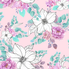 seamless watercolor background mix colorful floral flower and leaves with line art used for background texture, wrapping paper, textile or wallpaper design