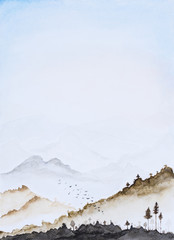 Picture water colour, hand draw, landscape vertical background.