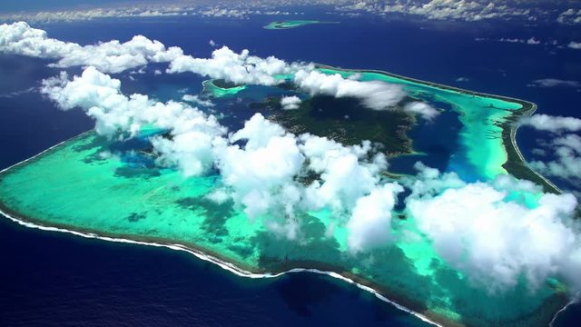 Aerial view of barrier reef on Bora Bora Tupai Heart Island South Pacific 