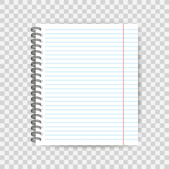 Blank lined paper template, one page, Notebook end Exercise book. Vector illustration.