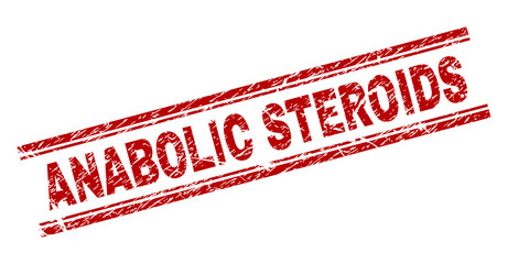 ANABOLIC STEROIDS seal print with distress style. Red vector rubber print of ANABOLIC STEROIDS text with retro texture. Text label is placed between double parallel lines.